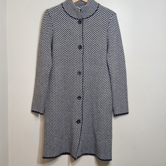 Gio & Gio Italy Black White Chevron Herringbone Knit Long Coat Cardigan Jacket L - Picture 2 of 15